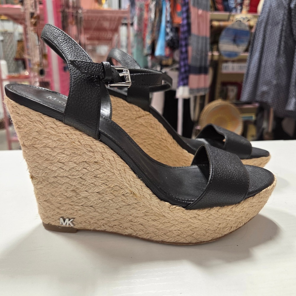 Michael Kors Black Pebbled Leather Espadrille Wedge Sandals Ankle Strap 7.5M